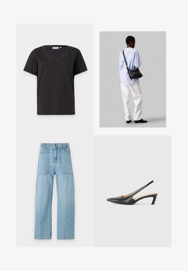 Juodas medvilninis marškinėlis su V formos iškirpte ir trumpomis rankovėmis. Paprastas dizainas, reguliaraus kirpimo, be raštų ar akcentų.; Šviesiai mėlyni džinsai su aukštu liemeniu, plačiomis kojomis ir dviem didelėmis priekinėmis kišenėmis. Medžiaga pasižymi lygiu paviršiumi ir švelniu išblukimu.; Juodas smailus slingback batelis su žemu kulnu, pagamintas iš lygaus odos paviršiaus ir su išpjovomis šone, užtikrinančiomis oro pralaidumą.; Juodas odinis petinis krepšys su minkšta tekstūra, trikampiu pavidalu ir reguliuojama juosta, derinamas su šviesiai mėlynu dryžuotu marškinėliu ir baltais džinsais.