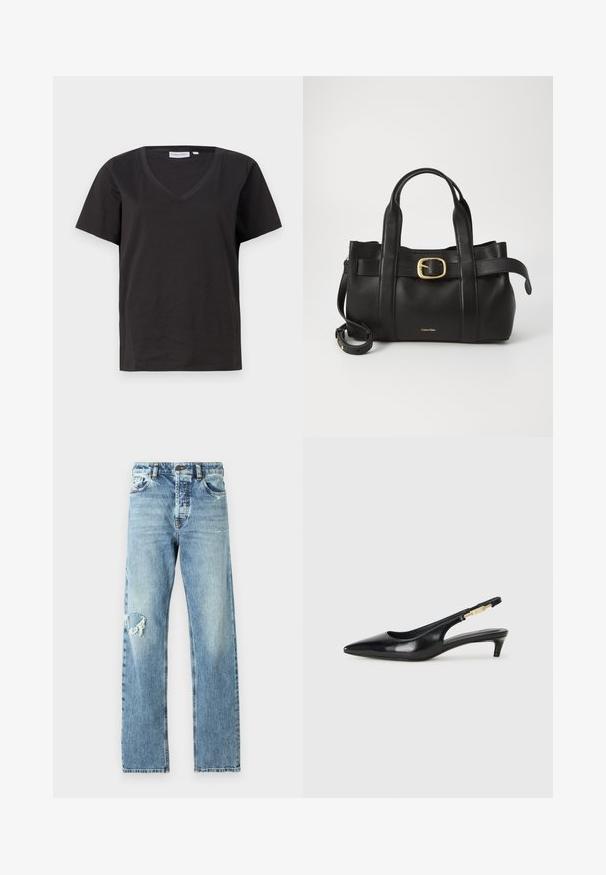 Black cotton T-shirt with a V-neck and short sleeves. Simple design with a regular fit and no patterns or accents.; Light blue denim jeans with a straight leg cut and distressed detail on the left knee. Classic five-pocket design with metal hardware accents.; Black leather slingback heels with a pointed toe, featuring a slim heel and a gold-tone accent on the adjustable strap. Smooth texture.; Black leather handbag featuring a structured design, dual top handles, gold-tone buckle accent, and embossed brand logo at the front.