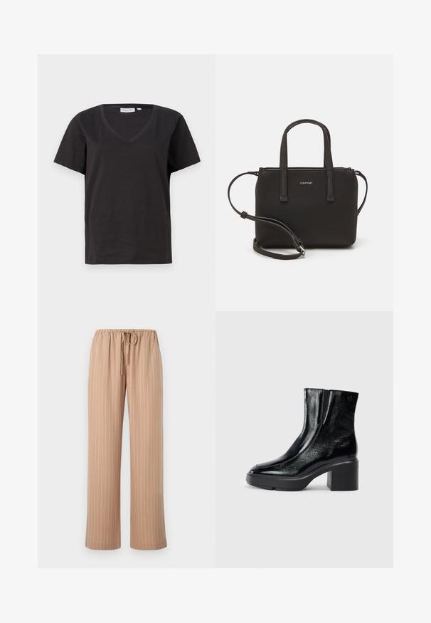 Schwarzes Baumwoll-T-Shirt mit V-Ausschnitt und kurzen Ärmeln. Einfaches Design mit normalem Schnitt und ohne Muster oder Akzente.; Beige weite Hose mit Kordelzugbund, ausgestattet mit vertikalen weißen Nadelstreifen, aus einem glatten, leichten Stoff gefertigt.; Schwarze Lackleder-Stiefeletten mit einer geschwungenen Zehenpartie, elastischen Seiteneinsätzen und einem klobigen Blockabsatz. Mit geprägtem Logo auf der Rückseite.; Schwarze Handtasche mit zwei kurzen, doppelt geflochtenen Griffen und einem abnehmbaren Schulterriemen. Glattes, lederähnliches Material mit einem Reißverschluss und Logodetail.
