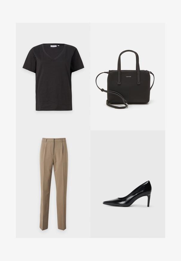Must musta T-särk V-kaelusega ja lühikeste varrukatega. Lihtne disain, regulaarne istuvus, ilma mustrite ja aktsentideta.; Pruunid kohandatud püksid siledast kangast, sirge jala disainiga, esipintslite ja vöödega vöökohaga.; Mustmust musta kõrge kontsaga king, millel on terav varvas, sile tekstuur ja kitsenev konts. Minimalistlik disain, ilma täiendavate kaunistusteta.; Musthave mustrans vöö ja eemaldatav õlarihm. Gludike nahk siledaga, millel on tõmblukk ja logo detail.