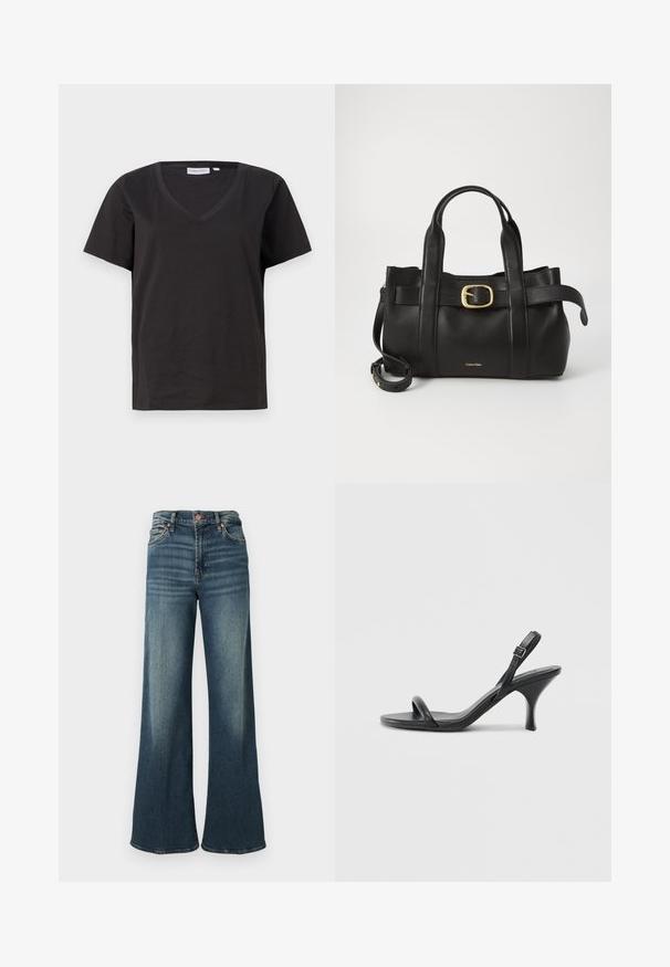 Black cotton T-shirt with a V-neck and short sleeves. Simple design with a regular fit and no patterns or accents.; Dark blue wide-leg jeans made of denim, featuring a classic five-pocket design, copper hardware, and subtle fading on the front.; Black leather high-heeled sandals with a slim, curved heel and a crossed strap design. Adjustable ankle strap. Smooth texture.; Black leather handbag featuring a structured design, dual top handles, gold-tone buckle accent, and embossed brand logo at the front.