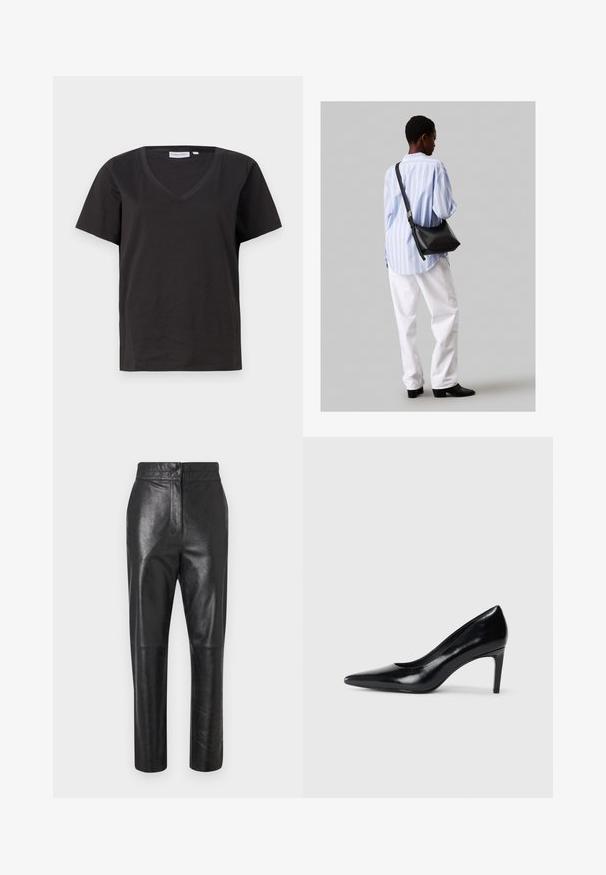 Fekete pamut póló V-nyakkal és rövid ujjakkal. Egyszerű dizájn, normál fazon, minta vagy díszítés nélkül.; Fekete bőr nadrág fényes felülettel, szabott fazonnal, egyenes lábformával és diszkrét varrás részletekkel. Nincs látható fémrész vagy díszítés.; Fekete bőr magassarkú cipő, hegyes orral, sima textúrával és kúpos sarkal. Minimalista dizájn, nincsenek további díszítések.; Fekete bőr válltáska puha tapintással, háromszög alakú, állítható pánttal, világoskék csíkos inggel és fehér nadrággal párosítva.