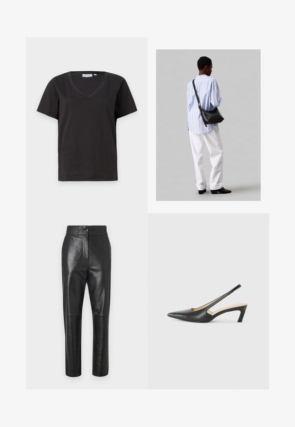 Melnas kokvilnas T-krekls ar V veida kakla izgriezumu un īsām piedurknēm. Vienkāršs dizains ar regulāru piegriezumu un bez rakstiem vai akcentiem.; Melnas ādas bikses ar pulētu apdari, pielāgotu dizainu, taisna kāju formu un smalku šuvju apdari. Nav redzamu detaļu vai aksesuāru.; Melna, ar smailu purngalu, slingback kurpe ar zemu papēdi, izgatavota no gludas ādas materiāla un ar izgriezumiem sānos gaisa caurlaidībai.; Melna ādas plecu soma ar mīkstu tekstūru, trīsstūra formu un regulējamu siksnu, apvienota ar gaiši zilu svītrotu krekli un baltām biksēm.