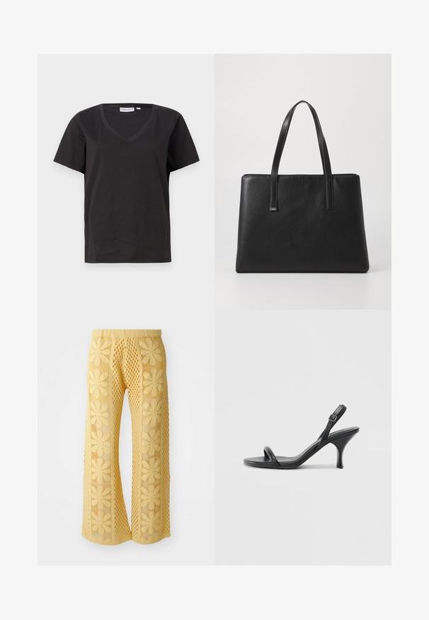 Schwarzes Baumwoll-T-Shirt mit V-Ausschnitt und kurzen Ärmeln. Einfaches Design mit normalem Schnitt und ohne Muster oder Akzente.; Gelbe Häkelhosen mit floralem Muster, weit geschnitten, und einem elastischen Bund mit einem strukturierten, offen gearbeiteten Design.; Schwarze Leder-Sandalen mit hohen Absätzen, schlankem, gebogenem Absatz und gekreuztem Riemendesign. Verstellbarer Knöchelriemen. Glatte Textur.; Schwarze Leder-Handtasche mit zwei langen Tragegriffen, rechteckiger Form, strukturiertem Oberflächen und minimalistischem Design. Keine sichtbaren Beschläge oder Akzente.