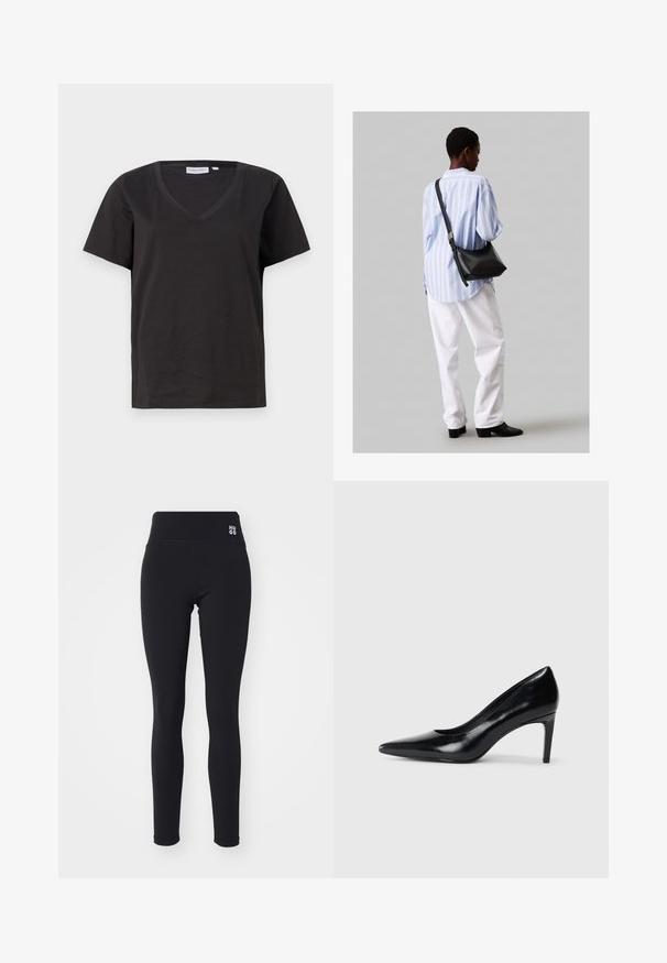 Černé bavlněné tričko s výstřihem do V a krátkým rukávem. Jednoduchý design s klasickým střihem bez vzorů nebo akcentů.; Černé legíny vyrobené z elastického materiálu, s vysokým pasem a malým bílým logem "HUGO" na boční straně. Hladká textura, přiléhavý střih.; Černé kožené boty na vysokém podpatku s špičatou špičkou, hladkým povrchem a zúženým podpatkem. Minimalistický design, bez dalších ozdob.; Černá kožená kabelka přes rameno s jemnou texturou, trojúhelníkovým tvarem a nastavitelným popruhem, v kombinaci se světle modrou pruhovanou košilí a bílými kalhotami.