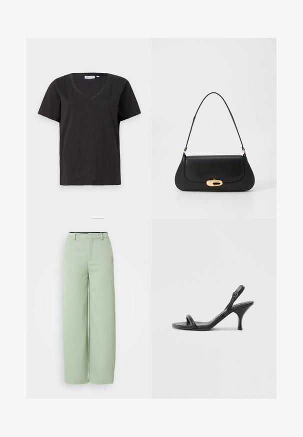 T-shirt en coton noir avec un col en V et des manches courtes. Design simple avec une coupe régulière et sans motifs ni accents.; Pantalons palazzo vert clair en tissu lisse. Présentent une taille plate, des passants de ceinture et une coupe ajustée sans matériel visible.; Sandales à talons hauts en cuir noir avec un talon fin et courbé et un design de brides croisées. Bride de cheville réglable. Texture lisse.; Sac à main en cuir noir avec un design incurvé, matériel doré et une poignée sur le dessus. Présente une fermeture élégante et une texture lisse.