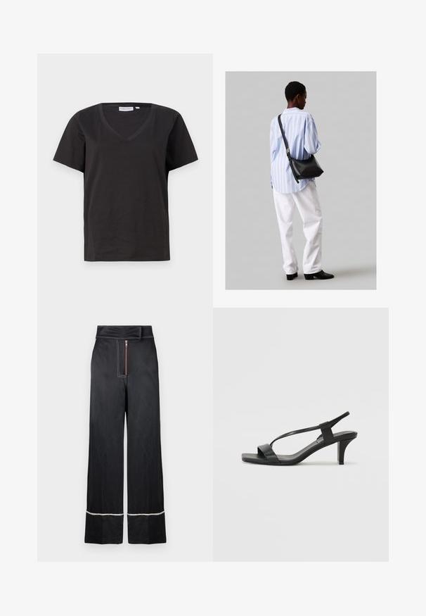 Svart bomull T-skjorte med V-hals og korte ermer. Enkel design med vanlig passform og uten mønstre eller detaljer.; Sorte vide bukser med høj talje, der har en frontal lynlås og kontrasterende hvid søm langs kanten og siderne.; Svarte hæl-sandaler med et slankt stroppedesign, firkantet tå og en mellomhøy blokkheel. Laget av glatt lær med en matt finish.; Svart lær skulderveske med en myk tekstur, trekantet form og justerbar stropp, kombinert med en lyseblå stripete skjorte og hvite bukser.