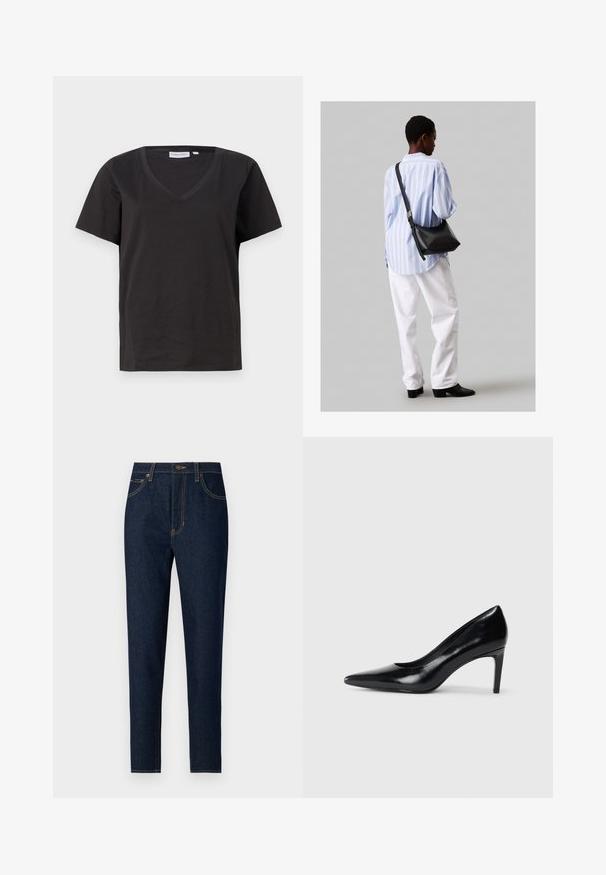 Čierne bavlnené tričko s výstrihom do V a krátkymi rukávmi. Jednoduchý dizajn s bežným strihom a bez vzorov alebo akcentov.; Tmavé deninové džiny so strihom rovného nohavicu. Obsahujú predné vrecká, zadné vrecká a kontrastné žlté švy. Klasické zapínanie na gombík.; Čierna kožená vysoká topánka s ihlovým podpätkom a špičatou špicou, hladkou textúrou a zúženým podpätkom. Minimalistický dizajn, bez ďalších ozdôb.; Čierna kožená ramenná taška so mäkkou textúrou, trojuholníkovým tvarom a nastaviteľným popruhom, skombinovaná s svetlomodrou pruhovanou košeľou a bielymi nohavicami.