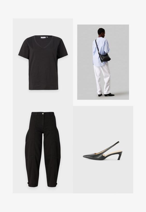 Melnas kokvilnas T-krekls ar V veida kakla izgriezumu un īsām piedurknēm. Vienkāršs dizains ar regulāru piegriezumu un bez rakstiem vai akcentiem.; Melnas cargo bikses ar brīvu piegriezi, ar sānu kabatām, pogu aizdari un kāju malām. Izgatavotas no izturīga kokvilnas auduma.; Melna, ar smailu purngalu, slingback kurpe ar zemu papēdi, izgatavota no gludas ādas materiāla un ar izgriezumiem sānos gaisa caurlaidībai.; Melna ādas plecu soma ar mīkstu tekstūru, trīsstūra formu un regulējamu siksnu, apvienota ar gaiši zilu svītrotu krekli un baltām biksēm.