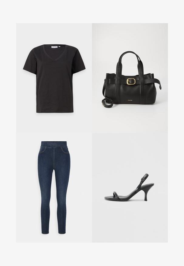 Camisa de algodón negra con cuello en V y mangas cortas. Diseño simple con un corte regular y sin patrones ni acentos.; Jeggings de mezclilla azul oscuro con una alta cintura, corte ajustado y un desvanecimiento sutil. Incluyen bolsillos frontales y una textura suave y lisa.; Sandalias de tacón alto de cuero negro con un tacón delgado y curvado y un diseño de tiras cruzadas. Correa para el tobillo ajustable. Textura suave.; Bolso de cuero negro con un diseño estructurado, doble mango superior, detalle de hebilla en tono dorado y logo de la marca grabado en la parte frontal.