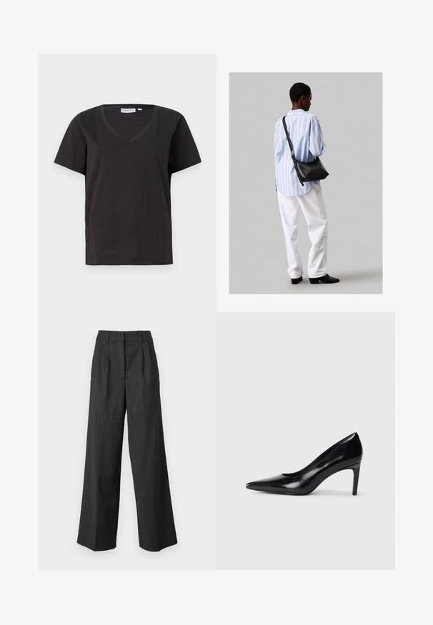 Černé bavlněné tričko s výstřihem do V a krátkým rukávem. Jednoduchý design s klasickým střihem bez vzorů nebo akcentů.; Kalhoty s vysokým pasem a širokými nohavicemi v tmavě šedé barvě s tenkými vertikálními pruhy. Mají upravený vzhled a měkkou texturu. Detail s plisovaným předním dílem.; Černé kožené boty na vysokém podpatku s špičatou špičkou, hladkým povrchem a zúženým podpatkem. Minimalistický design, bez dalších ozdob.; Černá kožená kabelka přes rameno s jemnou texturou, trojúhelníkovým tvarem a nastavitelným popruhem, v kombinaci se světle modrou pruhovanou košilí a bílými kalhotami.