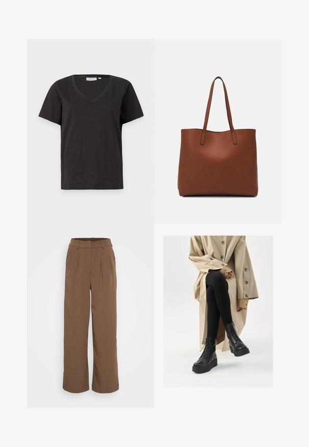 Črna bombažna majica s kratkimi rokavi in V-izrezom. Preprost dizajn z običajnim krojem in brez vzorcev ali dodatkov.; Rjave široke hlače s pregibi, elastičnim pasom in gladko teksturo. Imajo klasičen dizajn, primeren za različne outfite.; Črne usnjene gležnjarje z vezalkami, povišano platformo in teksturiranimi črnimi legicami, nosijo z svetlo bež trench plaščem.; Rjava usnjena torba z gladko teksturo, odprto zasnovo zgoraj in dvema naramnima trakovoma. Opremljena je z minimalnim šivanjem in brez vidnih kovinskih delov.
