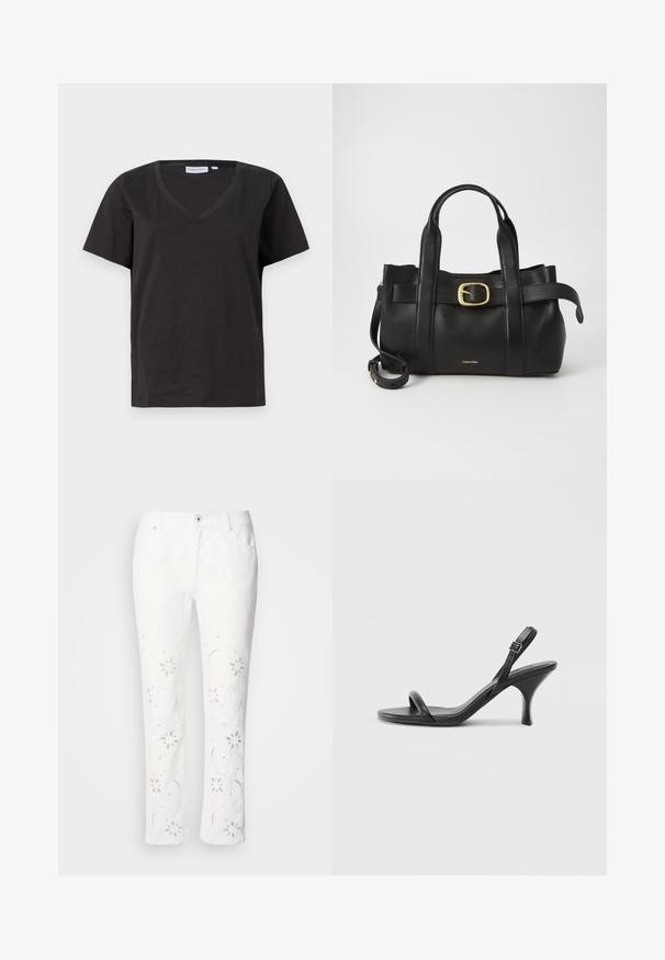 Svart bomull T-skjorte med V-hals og korte ermer. Enkel design med vanlig passform og uten mønstre eller detaljer.; Hvite bomullsbukser med blomsterbroderi langs bena, med rett snitt og knappefeste i livet.; Sorte skinnhøye hæler med en slank, buet hæl og et kryssrem-design. Justerbar ankelrem. Glatt tekstur.; Svart lærveske med en strukturert design, doble topphåndtak, gullfarget spenneakent og preget merke-logo foran.