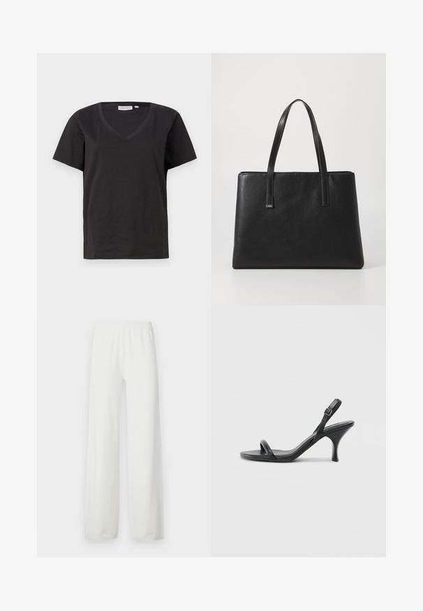 Black cotton T-shirt with a V-neck and short sleeves. Simple design with a regular fit and no patterns or accents.; White wide-leg pants made of soft, lightweight fabric. Features an elastic waistband and straight-cut legs. No visible patterns or accents.; Black leather high-heeled sandals with a slim, curved heel and a crossed strap design. Adjustable ankle strap. Smooth texture.; Black leather tote bag with two long handles, rectangular shape, textured surface, and minimalistic design. No visible hardware or accents.