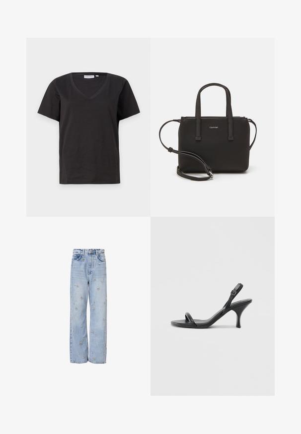 Melnas kokvilnas T-krekls ar V veida kakla izgriezumu un īsām piedurknēm. Vienkāršs dizains ar regulāru piegriezumu un bez rakstiem vai akcentiem.; Gai zila džinsu bikses ar brīvu piegriezumu, ar sudraba ziedu izšuvumiem visā virsmā un standarta piecu kabatu stilu.; Melnas ādas augstpapēžu sandales ar plānu, izliekta formas papēdi un krustenisku siksnu dizainu. Regulējama potītes siksna. Gluda tekstūra.; Melns roku soma ar divām īsām rokturiem un noņemamu plecu siksnu. Gluda ādas līdzīga materiāla ar rāvējslēdzēja aizdari un logos detaļu.