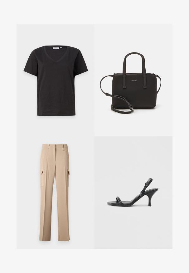 Must musta T-särk V-kaelusega ja lühikeste varrukatega. Lihtne disain, regulaarne istuvus, ilma mustrite ja aktsentideta.; Beezid värvi cargo püksid, millel on kaks külgmist taskut, lame eesmine osa ja ruudukujuline metallist aktsent vöökoht. Valmistatud siledast ja kergest kangast.; Mustad nahast kõrgete kontsadega sandaalid, millel on saledad, kõverad kontsad ja ristatud rihma disain. Reguleeritav pahkluu rihm. Sile tekstuur.; Musthave mustrans vöö ja eemaldatav õlarihm. Gludike nahk siledaga, millel on tõmblukk ja logo detail.