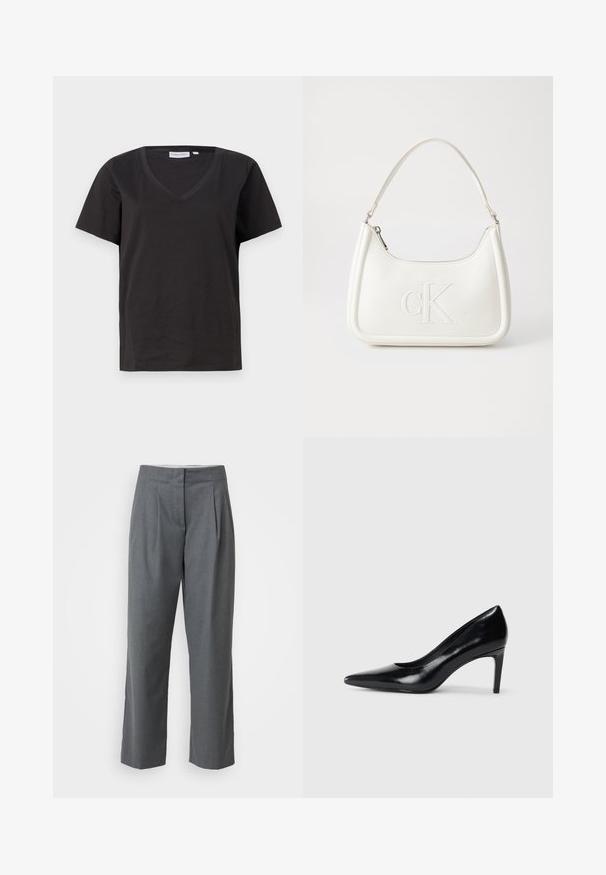 Black cotton T-shirt with a V-neck and short sleeves. Simple design with a regular fit and no patterns or accents.; Gray tailored trousers with a straight-leg cut, featuring a smooth texture, front pleats, and side pockets. No visible hardware or accents.; Black leather high heel shoe with a pointed toe, smooth texture, and a tapered heel. Minimalist design, no additional embellishments.; White leather handbag with a curved shape, featuring an embossed "CK" logo on the front and a single shoulder strap. Zipper closure at top.