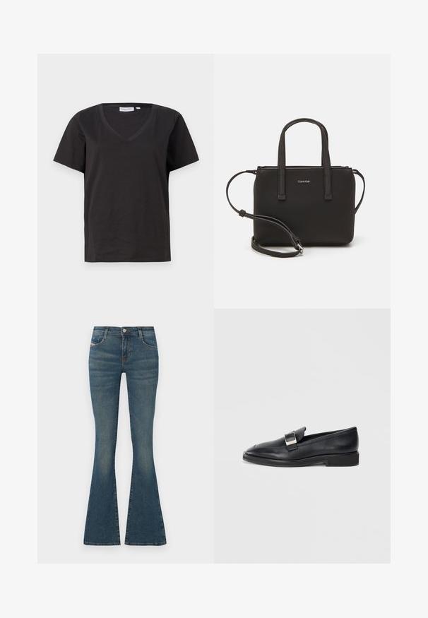 Čierne bavlnené tričko s výstrihom do V a krátkymi rukávmi. Jednoduchý dizajn s bežným strihom a bez vzorov alebo akcentov.; Rozšírené modré rifle vyrobené z denimu, s stredne vysokým pásom, prednými vreckami a jemným vyblednutím pozdĺž nohavíc. Klasický päti-vreckový štýl.; Čierne kožené mokasíny so striebornou obdĺžnikovou sponou na vrchu a nízkym opätkom na bielom pozadí.; Čierna kabelka s dvojitými krátkymi rúčkami a odnímateľným ramenným popruhom. Hladký materiál podobný koži s uzatváraním na zips a detailom loga.