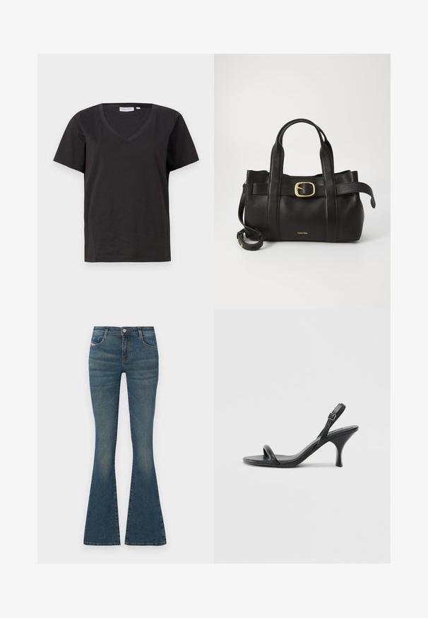 Black cotton T-shirt with a V-neck and short sleeves. Simple design with a regular fit and no patterns or accents.; Flared blue jeans made of denim, featuring a mid-rise waist, front pockets, and subtle fading along the legs. Classic five-pocket style.; Black leather high-heeled sandals with a slim, curved heel and a crossed strap design. Adjustable ankle strap. Smooth texture.; Black leather handbag featuring a structured design, dual top handles, gold-tone buckle accent, and embossed brand logo at the front.