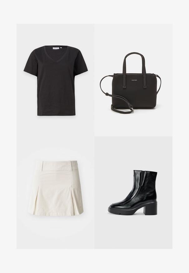 Must musta T-särk V-kaelusega ja lühikeste varrukatega. Lihtne disain, regulaarne istuvus, ilma mustrite ja aktsentideta.; Heledbeez värvi puuvillane seelik, millel on keha külge liibuv talje, volditud kujundus ja sirge ääres, omades sujuvat tekstuuri ning ilma nähtava riistvarata.; Mustmustest must paeltega särkide, millel on kõver varvas, elastsed külgpaneelid ja jäme plokkpealse. Tagaküljel on reljeefne logo.; Musthave mustrans vöö ja eemaldatav õlarihm. Gludike nahk siledaga, millel on tõmblukk ja logo detail.