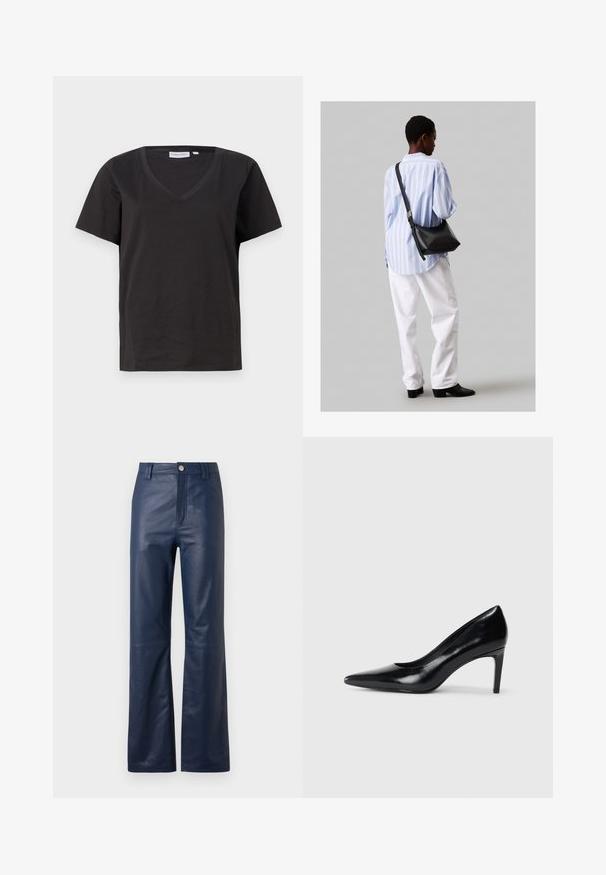 Musta puuvillainen T-paita, jossa on V-kaula-aukko ja lyhyet hihat. Yksinkertainen muotoilu, säännöllinen istuvuus ilman kuvioita tai koristeita.; Navy siniset nahkahousut suoran lahkeiden muotoilulla, joissa on etuvetoketju, napin sulkeminen ja sileä pinta.; Mustat nahkakengät korkealla korolla, terävä kärki, sileä pinta ja kapeneva korko. Minimalistinen muotoilu, ei ylimääräisiä koristeita.; Musta nahkainen olkalaukku, jossa on pehmeä rakenne, kolmion muoto ja säädettävä hihna, yhdistettynä vaaleansiniseen raidalliseen paitaan ja valkoisiin housuihin.