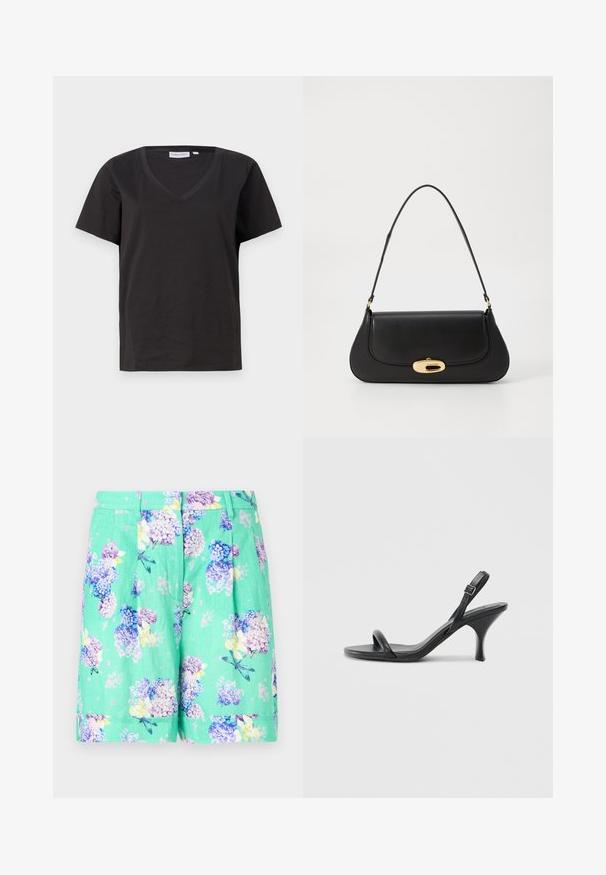 T-shirt en coton noir avec un col en V et des manches courtes. Design simple avec une coupe régulière et sans motifs ni accents.; Shorts à motif floral en vert menthe, fabriqués en tissu léger. Présentent des hortensias violets et bleus avec des accents jaunes subtils et des plis.; Sandales à talons hauts en cuir noir avec un talon fin et courbé et un design de brides croisées. Bride de cheville réglable. Texture lisse.; Sac à main en cuir noir avec un design incurvé, matériel doré et une poignée sur le dessus. Présente une fermeture élégante et une texture lisse.