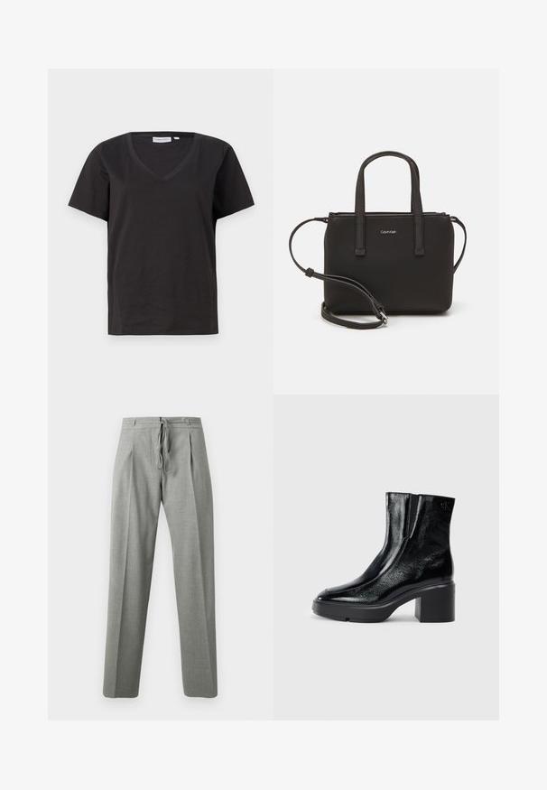 Czarna bawełniana koszulka z dekoltem w serek i krótkimi rękawami. Prosty design o regularnym kroju bez wzorów ani dodatków.; Szare, dopasowane spodnie z sznurkiem w pasie, z dwoma plisami z przodu, prostymi nogawkami i gładką, fakturowaną tkaniną.; Czarne lakierowane botki za kostkę z zaokrąglonym noskiem, elastycznymi panelami bocznymi i masywnym obcasem blokowym. Posiadają wytłoczone logo z tyłu.; Czarna torebka z dwoma krótkimi uchwytami i odpinanym paskiem na ramię. Gładki materiał przypominający skórę, z zamkiem błyskawicznym i detalem z logo.