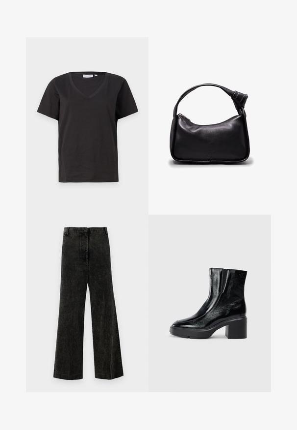T-shirt in cotone nero con scollo a V e maniche corte. Design semplice con vestibilità regolare, senza motivi o dettagli.; Jeans larghi grigio scuro con finitura testurizzata. Presentano una vita classica e un orlo dritto, realizzati in cotone resistente.; Stivali alla caviglia in pelle verniciata nera con punta curva, pannelli laterali elasticizzati e tacco robusto. Presentano un logo impresso sul retro.; Borsa a mano in pelle nera con forma curva e dettaglio a nodo sulla tracolla. Caratterizzata da una chiusura con zip e logo impresso sul davanti.
