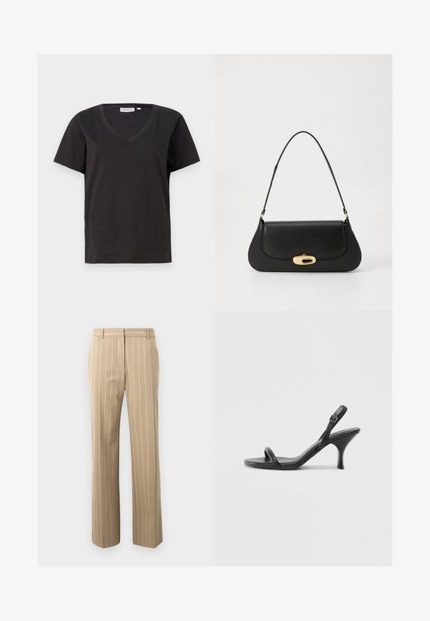 Tricou negru din bumbac cu decolteu în V și mâneci scurte. Design simplu, cu o croială normală și fără modele sau accente.; Pantaloni bej cu o croială ajustată, prezentând dungi verticale albe, textură netedă, mânere pentru curea și două buzunare frontale.; Sandale cu toc înalt din piele neagră, cu un toc subțire și curbat și un design cu curea încrucișată. Curea la gleznă ajustabilă. Textură netedă.; Geantă de mână din piele neagră, cu un design curbat, accesorii de culoare aurie și un mâner de sus. Dispune de o închidere elegantă și o textură netedă.