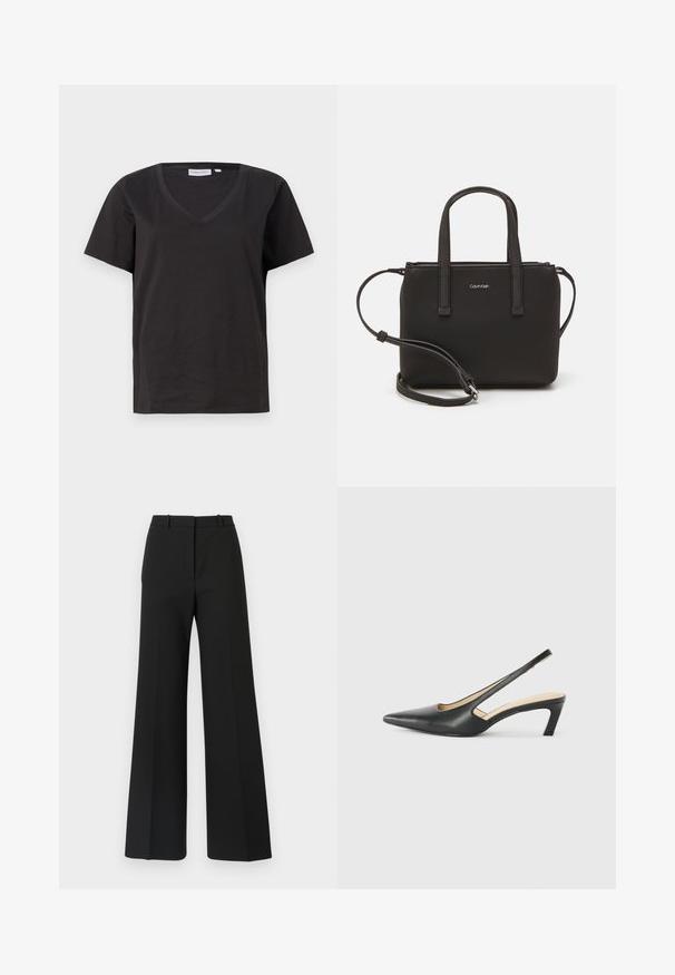 Sort bomulds T-shirt med V-hals og korte ærmer. Enkel design med regular fit og ingen mønstre eller accenter.; Sorte buks med vide ben og skræddersyet design, der har en glat tekstur og subtile plisseringer foran. Ingen synlige detaljer eller mønstre.; Sorte spidse slingback-sko med en lav hæl, lavet af glat læder og med udskæringer på siden for åndbarhed.; Sort håndtaske med to korte håndtag og en aftagelig skulderrem. Glat læderagtigt materiale med lynlåslukning og logo detaljer.