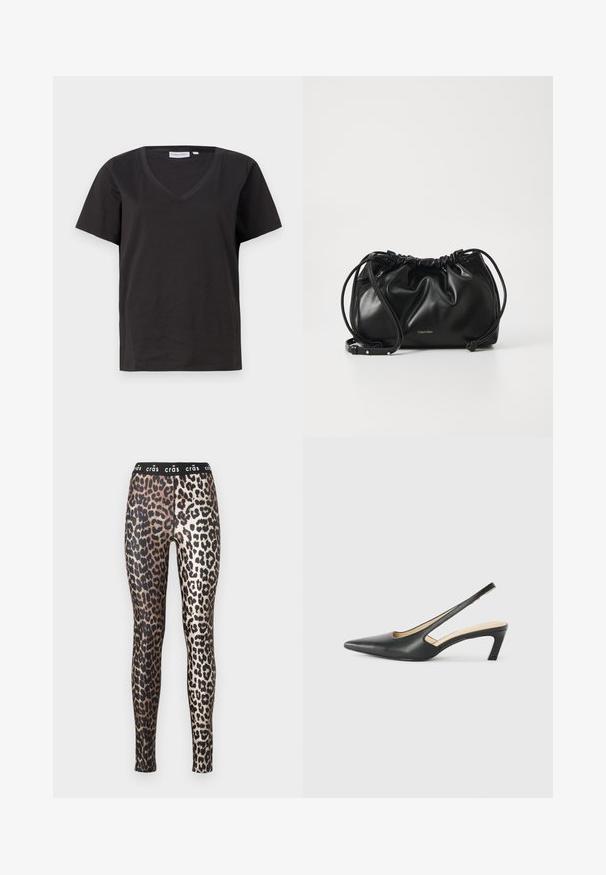 Sort bomulds T-shirt med V-hals og korte ærmer. Enkel design med regular fit og ingen mønstre eller accenter.; Leggings med leopardprint, der har et sort elastisk taljebånd med "crâs" tekst, fremstillet af et skinnende og glat materiale.; Sorte spidse slingback-sko med en lav hæl, lavet af glat læder og med udskæringer på siden for åndbarhed.; Sort læderhåndtaske med samlet design, dobbelt snørelukning og aftagelig skulderrem. Har metal-logo detaljer.