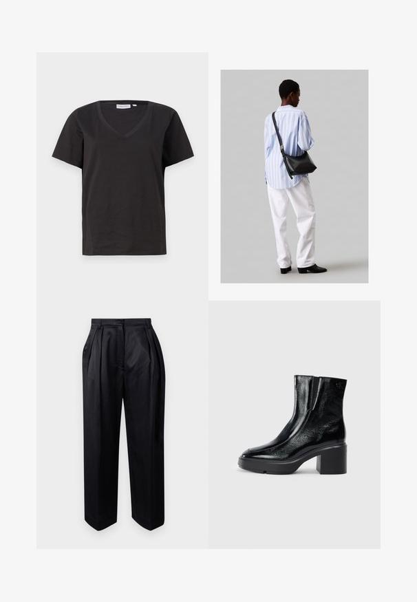 Czarna bawełniana koszulka z dekoltem w serek i krótkimi rękawami. Prosty design o regularnym kroju bez wzorów ani dodatków.; Czarne, wysokiej talii spodnie wykonane z gładkiego materiału, z prasowanymi zakładkami, szerokimi nogawkami i prostym krojem o lekko zwężających się końcach.; Czarne lakierowane botki za kostkę z zaokrąglonym noskiem, elastycznymi panelami bocznymi i masywnym obcasem blokowym. Posiadają wytłoczone logo z tyłu.; Czarna skórzana torba na ramię o miękkiej fakturze, w kształcie trójkąta, z regulowanym paskiem, połączona z jasnoniebieską koszulą w paski i białymi spodniami.