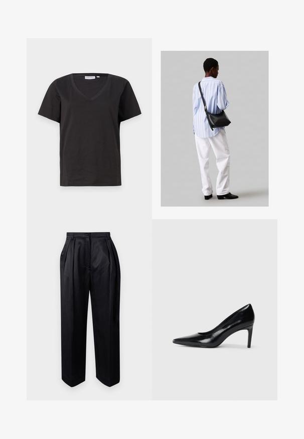 Tricou negru din bumbac cu decolteu în V și mâneci scurte. Design simplu, cu o croială normală și fără modele sau accente.; Pantaloni negri, cu talie înaltă, confecționați dintr-un material neted, având pliuri pliate, picioare largi și o croială dreaptă cu o margine ușor îngustată.; Pantof de damă din piele neagră, cu toc înalt, vârf ascuțit, textură fină și toc conic. Design minimalist, fără embellishments suplimentare.; Geantă de umăr din piele neagră cu o textură moale, formă triunghiulară și curea ajustabilă, asortată cu o bluză cu dungi albastre deschise și pantaloni albi.