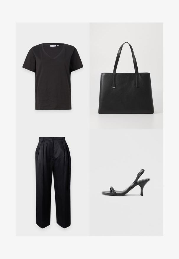 Sort bomulds T-shirt med V-hals og korte ærmer. Enkel design med regular fit og ingen mønstre eller accenter.; Sort, højtaljede bukser lavet af glat stof, med pressede folder, brede ben og en lige pasform med en let tilspidset kant.; Sorte læder højhælede sandaler med en slank, buet hæl og et krydset stropdesign. Justerbar ankelrem. Glat tekstur.; Sort læder tote taske med to lange håndtag, rektangulær form, tekstureret overflade og minimalistisk design. Ingen synligt hardware eller accenter.