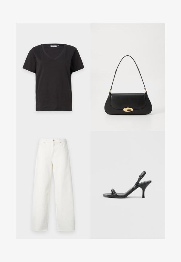 Czarna bawełniana koszulka z dekoltem w serek i krótkimi rękawami. Prosty design o regularnym kroju bez wzorów ani dodatków.; Białe dżinsy o szerokich nogawkach. Posiadają zapięcie na guzik, przednie kieszenie oraz gładkie wykończenie bez widocznych przetarć lub wzorów.; Czarne skórzane sandały na wysokim obcasie z cienkim, zakrzywionym obcasem i skrzyżowanym wzorem pasków. Regulowany pasek na kostkę. Gładka faktura.; Czarna skórzana torebka o zaokrąglonym kształcie, z metalowymi elementami w kolorze złotym i górnym uchwytem. Posiada eleganckie zapięcie i gładką fakturę.