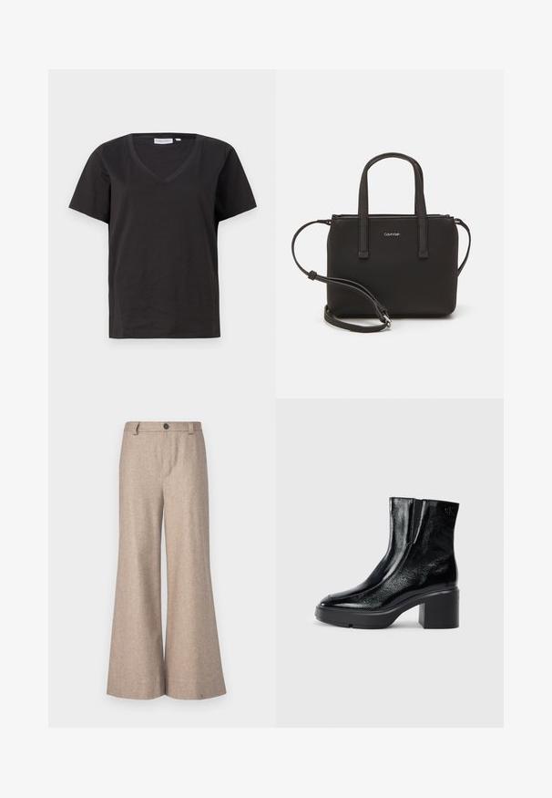 Čierne bavlnené tričko s výstrihom do V a krátkymi rukávmi. Jednoduchý dizajn s bežným strihom a bez vzorov alebo akcentov.; Béžové široké nohavice vyrobené z textúrovaného materiálu. Obsahujú zapínanie na gombík, pútka na opasok a strih na mieru s čistým, dokončeným lemom.; Čierne lakované členkové topánky s zakrivenou špičkou, elastickými bočnými panelmi a masívnym blokovým opätkom. S embosovaným logom na zadnej strane.; Čierna kabelka s dvojitými krátkymi rúčkami a odnímateľným ramenným popruhom. Hladký materiál podobný koži s uzatváraním na zips a detailom loga.