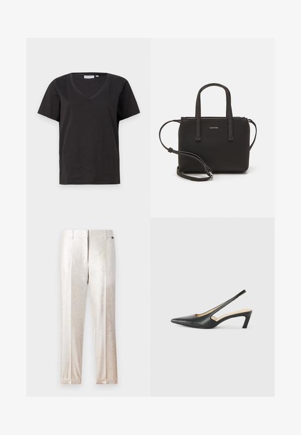 Czarna bawełniana koszulka z dekoltem w serek i krótkimi rękawami. Prosty design o regularnym kroju bez wzorów ani dodatków.; Błyszczące, jasne spodnie o gładkiej, metalicznej teksturze. Posiada proste nogawki z wyraźnymi fałdami i złożonym wykończeniem.; Czarny but na obcasie typu slingback z ostro zakończonym noskiem, z niskim obcasem, wykonany z gładkiej skóry, z wycięciem po boku dla lepszej wentylacji.; Czarna torebka z dwoma krótkimi uchwytami i odpinanym paskiem na ramię. Gładki materiał przypominający skórę, z zamkiem błyskawicznym i detalem z logo.