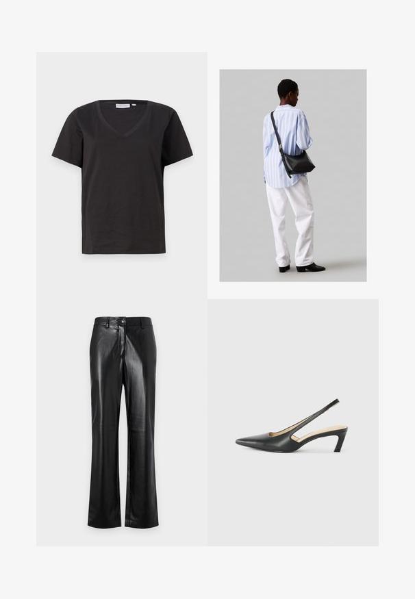 Čierne bavlnené tričko s výstrihom do V a krátkymi rukávmi. Jednoduchý dizajn s bežným strihom a bez vzorov alebo akcentov.; Čierne kožené nohavice so strihom rovného nohu, ktoré majú predné zapínanie na gombík, pútka na opasok a hladkú, lesklú textúru.; Čierne slingback topánky s ostrou špičkou a nízkym opätkom, vyrobené z hladkej kože a s výrezmi na boku pre lepšiu priedušnosť.; Čierna kožená ramenná taška so mäkkou textúrou, trojuholníkovým tvarom a nastaviteľným popruhom, skombinovaná s svetlomodrou pruhovanou košeľou a bielymi nohavicami.