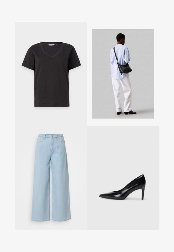 Juodas medvilninis marškinėlis su V formos iškirpte ir trumpomis rankovėmis. Paprastas dizainas, reguliaraus kirpimo, be raštų ar akcentų.; Šviesiai mėlynos plačios džinsinės kelnės, pagamintos iš denimo, su mygtuko ir užtrauktuko uždarymu, dviem priekiniams kišenėms ir tvarkingai apdailinta apačia.; Juodas odinis aukštakulnis batelis su smailiu pirštu, lygiu paviršiumi ir siauru kulnu. Minimalistinis dizainas, jokių papildomų puošmenų.; Juodas odinis petinis krepšys su minkšta tekstūra, trikampiu pavidalu ir reguliuojama juosta, derinamas su šviesiai mėlynu dryžuotu marškinėliu ir baltais džinsais.