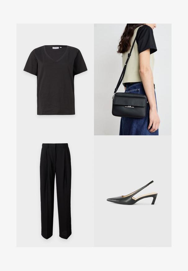 T-shirt en coton noir avec un col en V et des manches courtes. Design simple avec une coupe régulière et sans motifs ni accents.; DAY Birger et Mikkelsen ENZO CLASSIC - Pantalon classique - black; Slingback noir à bout pointu avec un petit talon, en cuir lisse et doté d'un design découpé sur le côté pour plus de respirabilité.; Calvin Klein LINEAR CAMERA BAG - Sac bandoulière - black