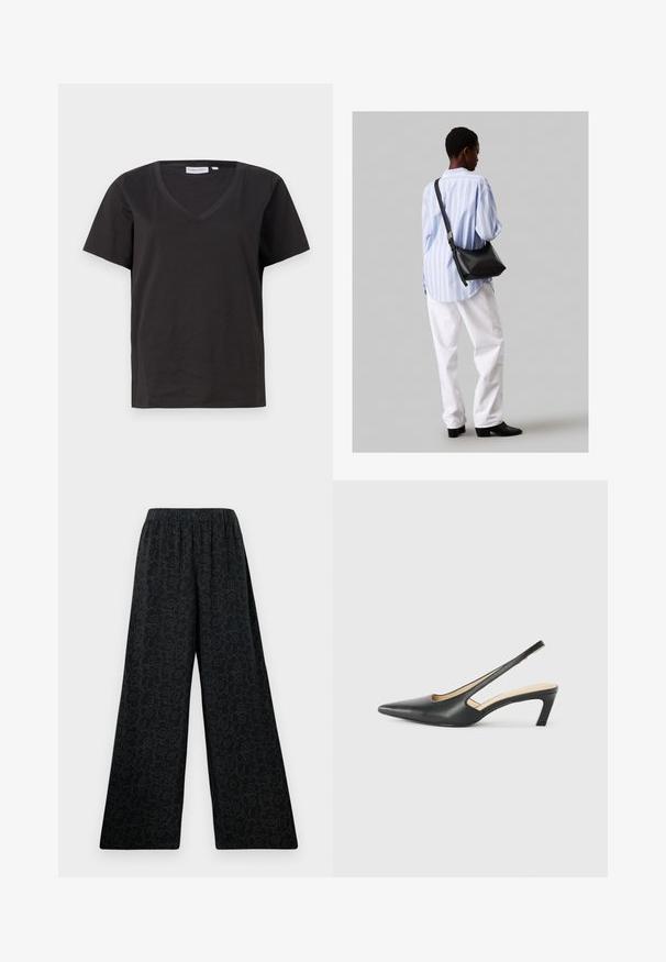 Melnas kokvilnas T-krekls ar V veida kakla izgriezumu un īsām piedurknēm. Vienkāršs dizains ar regulāru piegriezumu un bez rakstiem vai akcentiem.; Melnas platās bikses ar elastīgu jostu, kurām ir smalks ziedu raksts, ietverts tumšākā tonī. Gluda auduma tekstūra.; Melna, ar smailu purngalu, slingback kurpe ar zemu papēdi, izgatavota no gludas ādas materiāla un ar izgriezumiem sānos gaisa caurlaidībai.; Melna ādas plecu soma ar mīkstu tekstūru, trīsstūra formu un regulējamu siksnu, apvienota ar gaiši zilu svītrotu krekli un baltām biksēm.