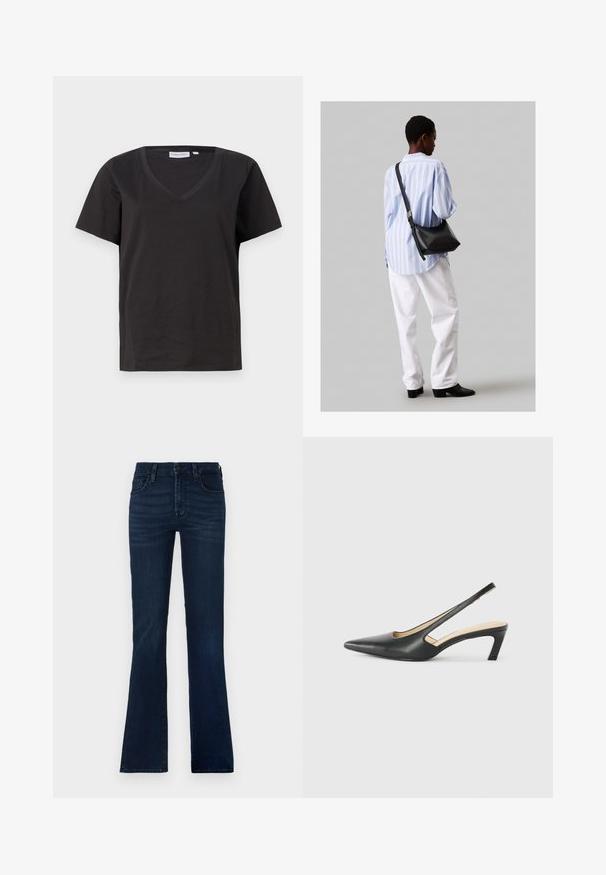 Juodas medvilninis marškinėlis su V formos iškirpte ir trumpomis rankovėmis. Paprastas dizainas, reguliaraus kirpimo, be raštų ar akcentų.; Tamsiai mėlynos plačios džinsinės kelnės. Yra penki kišenės, uždarymas mygtuku ir subtilus blukimas ant šlaunų.; Juodas smailus slingback batelis su žemu kulnu, pagamintas iš lygaus odos paviršiaus ir su išpjovomis šone, užtikrinančiomis oro pralaidumą.; Juodas odinis petinis krepšys su minkšta tekstūra, trikampiu pavidalu ir reguliuojama juosta, derinamas su šviesiai mėlynu dryžuotu marškinėliu ir baltais džinsais.