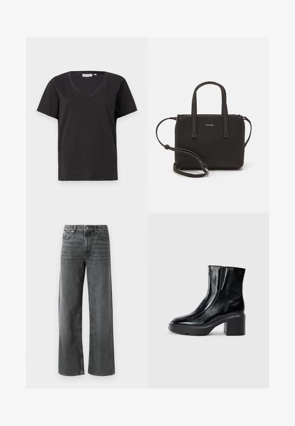 Juodas medvilninis marškinėlis su V formos iškirpte ir trumpomis rankovėmis. Paprastas dizainas, reguliaraus kirpimo, be raštų ar akcentų.; Plačiai apkirptos juodos džinsinės kelnės su šiek tiek išblukusiu paviršiumi, turinčios penkias kišenes ir mygtuko užsegimą. Kontrastingos siuvimo detalės pabrėžia dizainą.; Juodi lakiniai auliniai batai iki kulkšnies, su išlenktu pirštu, elastinėmis šoninėmis panelėmis ir masyviu blokuotu kulnu. Apdailoje užpakalinėje dalyje įspaustas logotipas.; Juoda rankinė su dviem trumpais rankenėlėmis ir nuimamu petį. Lygaus odos tipo medžiaga su užtrauktuku ir logotipo detale.