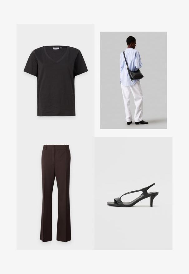 Čierne bavlnené tričko s výstrihom do V a krátkymi rukávmi. Jednoduchý dizajn s bežným strihom a bez vzorov alebo akcentov.; Samsøe Samsøe SALOT TROUSERS - Nohavice - chocolate torte; Čierne sandále na podpätku so štíhlym dizajnom popruhov, štvorcovou špičkou a stredne vysokým blokovým podpätkom. Vyrobené z hladkej kože s matným povrchom.; Čierna kožená ramenná taška so mäkkou textúrou, trojuholníkovým tvarom a nastaviteľným popruhom, skombinovaná s svetlomodrou pruhovanou košeľou a bielymi nohavicami.