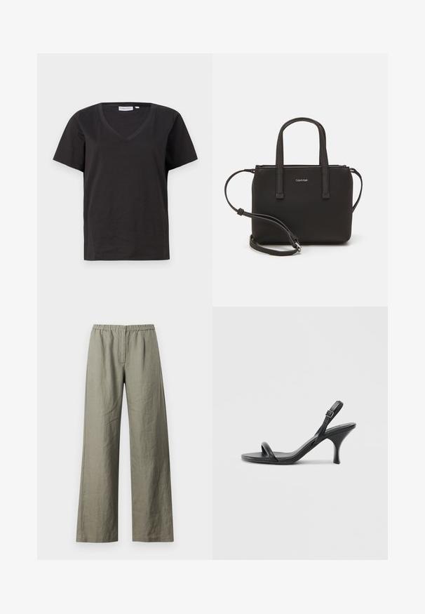 Melnas kokvilnas T-krekls ar V veida kakla izgriezumu un īsām piedurknēm. Vienkāršs dizains ar regulāru piegriezumu un bez rakstiem vai akcentiem.; Samsøe Samsøe SATOVE TROUSERS - Auduma bikses - vetiver; Melnas ādas augstpapēžu sandales ar plānu, izliekta formas papēdi un krustenisku siksnu dizainu. Regulējama potītes siksna. Gluda tekstūra.; Melns roku soma ar divām īsām rokturiem un noņemamu plecu siksnu. Gluda ādas līdzīga materiāla ar rāvējslēdzēja aizdari un logos detaļu.