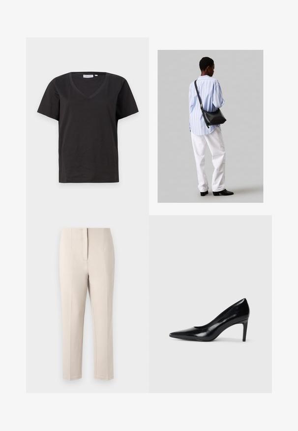 Tricou negru din bumbac cu decolteu în V și mâneci scurte. Design simplu, cu o croială normală și fără modele sau accente.; Pantaloni bej cu o croială ajustată, picior drept și cusătură frontală curată. Realizați dintr-un material neted cu un luciu subtil, fără accesorii vizibile.; Pantof de damă din piele neagră, cu toc înalt, vârf ascuțit, textură fină și toc conic. Design minimalist, fără embellishments suplimentare.; Geantă de umăr din piele neagră cu o textură moale, formă triunghiulară și curea ajustabilă, asortată cu o bluză cu dungi albastre deschise și pantaloni albi.