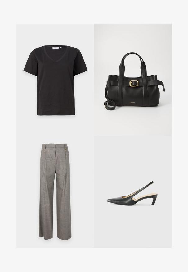 Juodas medvilninis marškinėlis su V formos iškirpte ir trumpomis rankovėmis. Paprastas dizainas, reguliaraus kirpimo, be raštų ar akcentų.; Pilkos plaid plačios kojos kelnės su aukšta juosmens linija, priekinėmis klostėmis ir auksinės spalvos akcentu juosmens srityje. Tekstūruotas audinys.; Juodas smailus slingback batelis su žemu kulnu, pagamintas iš lygaus odos paviršiaus ir su išpjovomis šone, užtikrinančiomis oro pralaidumą.; Juodas odinis rankinės maišas su struktūrizuotu dizainu, dviem viršutinėmis rankenomis, auksinės spalvos sagtimi ir iškilniu prekės ženklu priekyje.