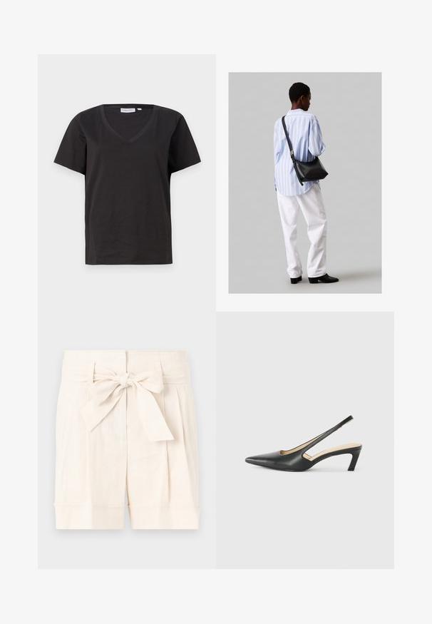 Juodas medvilninis marškinėlis su V formos iškirpte ir trumpomis rankovėmis. Paprastas dizainas, reguliaraus kirpimo, be raštų ar akcentų.; Šviesiai rudos, aukštai juosmenio šortai su surišamu dirželiu, raukiniais ir apvartu, pagaminti iš lengvos medžiagos.; Juodas smailus slingback batelis su žemu kulnu, pagamintas iš lygaus odos paviršiaus ir su išpjovomis šone, užtikrinančiomis oro pralaidumą.; Juodas odinis petinis krepšys su minkšta tekstūra, trikampiu pavidalu ir reguliuojama juosta, derinamas su šviesiai mėlynu dryžuotu marškinėliu ir baltais džinsais.