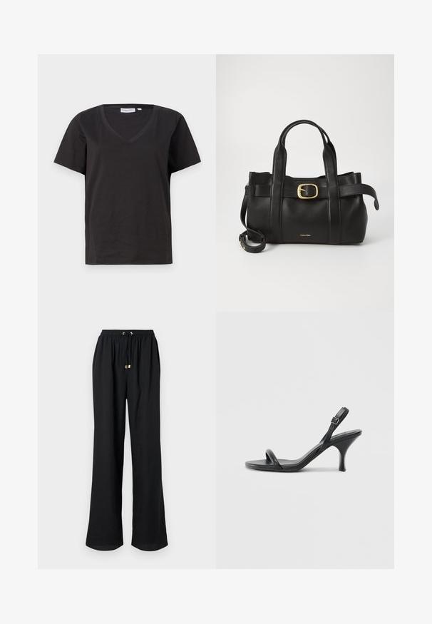 Black cotton T-shirt with a V-neck and short sleeves. Simple design with a regular fit and no patterns or accents.; Black, wide-leg trousers with elastic waistband, drawstring closure, and gold-tone hardware accents. Smooth texture and no visible patterns.; Black leather high-heeled sandals with a slim, curved heel and a crossed strap design. Adjustable ankle strap. Smooth texture.; Black leather handbag featuring a structured design, dual top handles, gold-tone buckle accent, and embossed brand logo at the front.