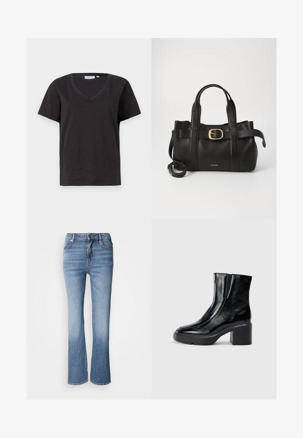 Juodas medvilninis marškinėlis su V formos iškirpte ir trumpomis rankovėmis. Paprastas dizainas, reguliaraus kirpimo, be raštų ar akcentų.; Imbalsvos šviesiai mėlynos džinsinės kelnios su išplėstais sijonais, turinčios sagų uždarymą, penkias kišenes ir subtilų blukimą ant šlaunų.; Juodi lakiniai auliniai batai iki kulkšnies, su išlenktu pirštu, elastinėmis šoninėmis panelėmis ir masyviu blokuotu kulnu. Apdailoje užpakalinėje dalyje įspaustas logotipas.; Juodas odinis rankinės maišas su struktūrizuotu dizainu, dviem viršutinėmis rankenomis, auksinės spalvos sagtimi ir iškilniu prekės ženklu priekyje.